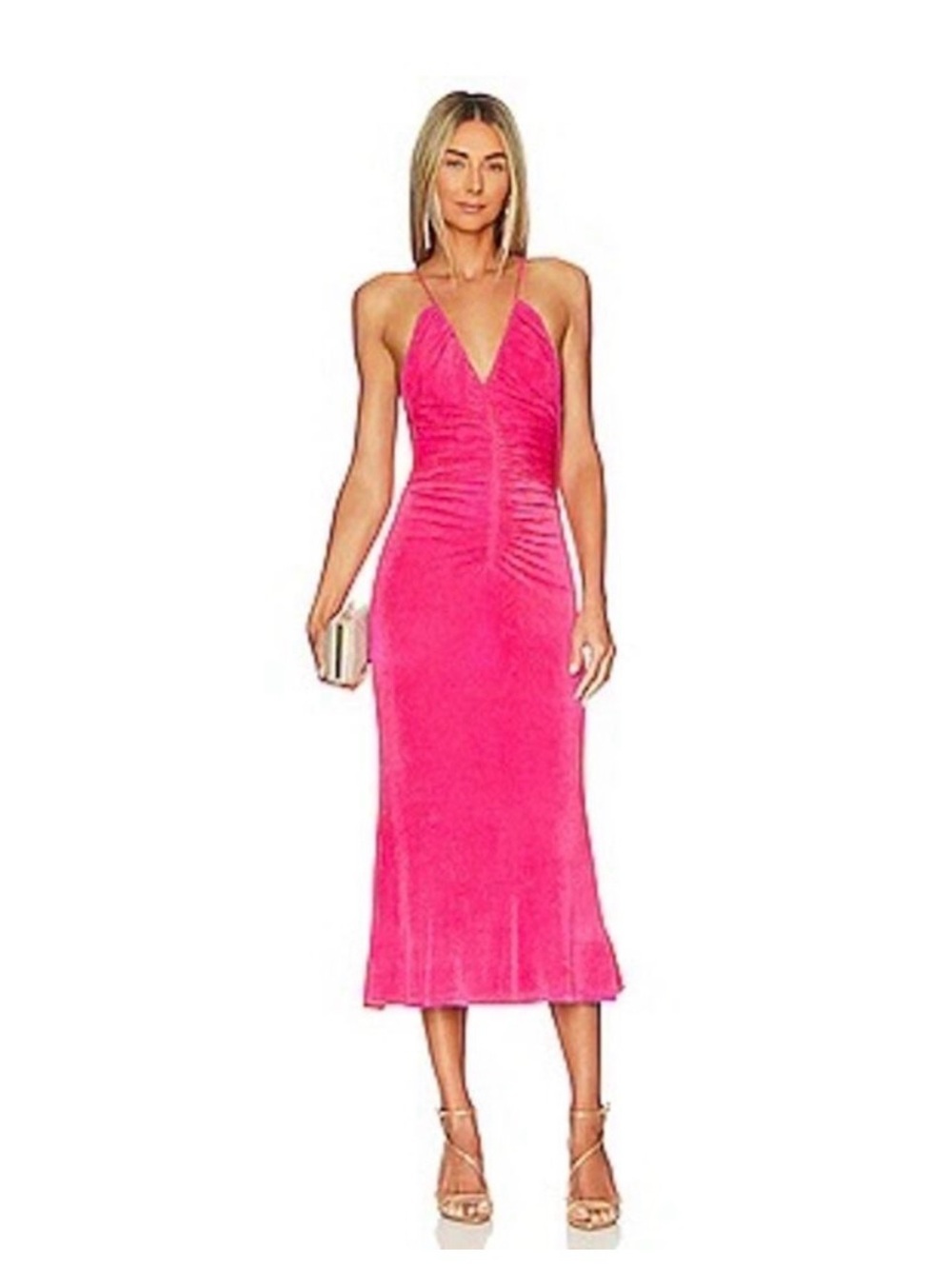 Misha Elm Raspberry Ruched V-Neck Spaghetti Strap Midi Dress Size 2